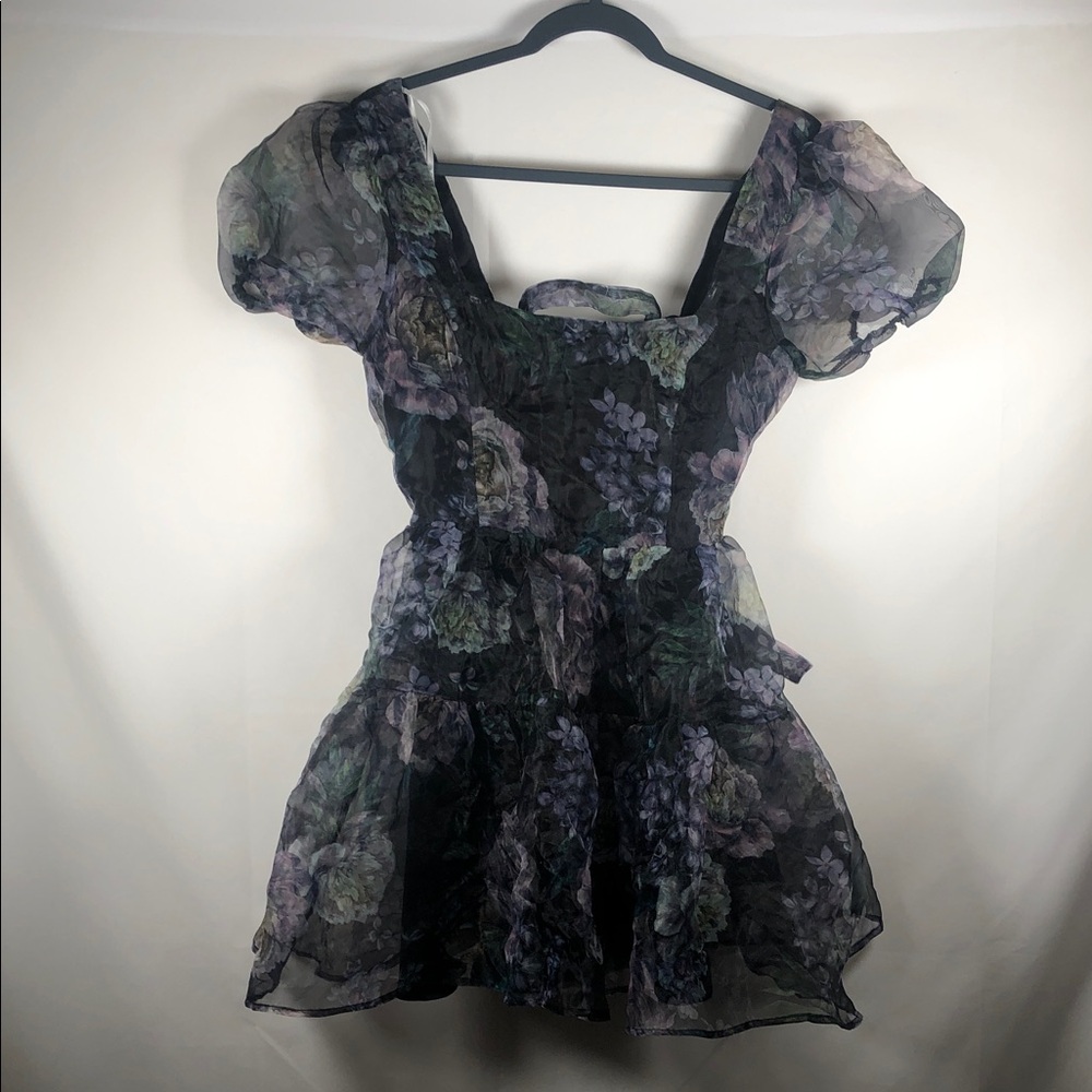 NWT Fairygoth Black Floral Sheer Puff-Sleeve Tiered Dress Ethereal Whimsical